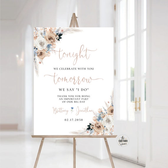 Ivory And Blue Boho The night before Welcome Sign, Rehearsal Dinner Sign, One Day Away Sign, Bohemian, Wedding Decor, Wedding Poster, IVB