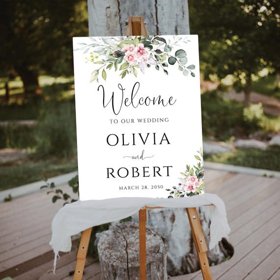 Greeery Blush Pink Roses Wedding Welcome Sign, Botanicals Wedding Poster, Herbal Wedding Decorations, Modern Wedding Sign, Eucalyptus, BG1