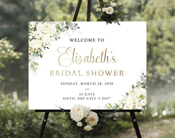 Elegant Floral Bridal Shower Welcome Sign, White Hydrangea and Greenery (Digital Printable)