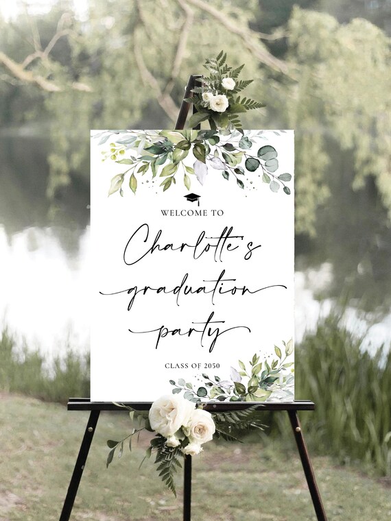 Greenery Graduation Party Welcome Sign, Herbal Grad Party Sign, Botanicals Graduation Decorations, Rustic Graduation Banner, Eucalyptus, HB2