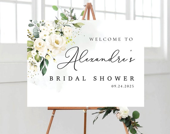 White Roses Bridal Shower Sign, Bridal Shower Decoration, Bridal Brunch Welcome Sign, Custom Design, Winter roses, cream roses, WR4