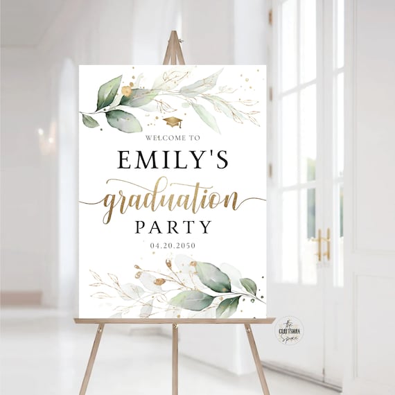 Greenery Graduation Party Welcome Sign, Digital File, Grad Party Sign, Graduation Decorations, Graduation Banner, Eucalyptus, Greenery