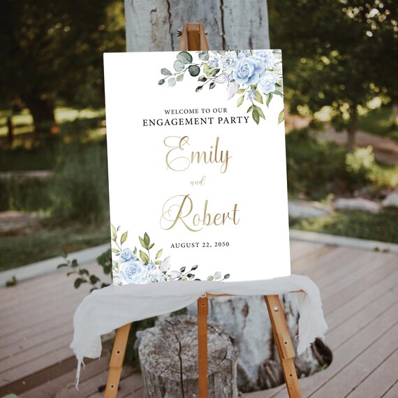 Dusty Blue Greenery Engagement Party Welcome Sign, Botanicals Wedding Rehearsal Decorations, Minimalist We are Engaged Sign, Eucalyptus, LB3