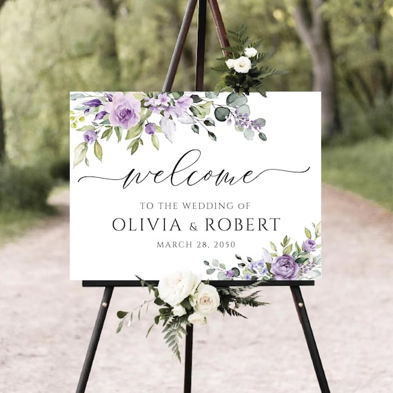 Floral Wedding Welcome Sign: Light Purple Violet Flowers (Digital File PF4)