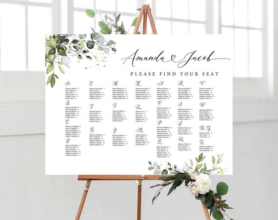 Wedding seating chart, Wedding seating chart alphabetical, Wedding seating chart table, Greenery Wedding Seating Chart, HB2