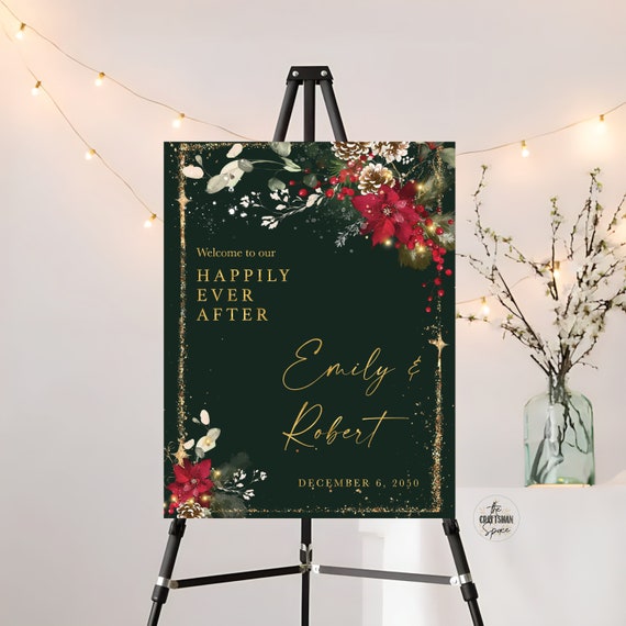 Christmas Wedding Welcome Sign Printable, Christmas Wedding Sign, Holiday Welcome Sign, Wedding welcome Sign, Poinsettia and Lights, CRM2