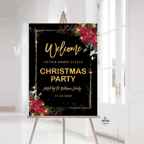 Christmas Party Welcome Sign, Christmas Welcome Poster, Printable Christmas Welcome Sign, Holiday Welcome Sign, Poinsettia and Lights, CRM2
