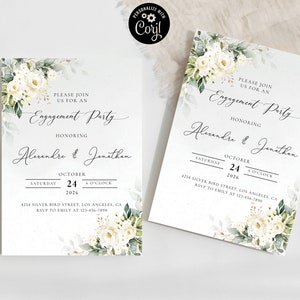 White roses Engagement Party Invitation, Engagement party Invite, We are engaged Invitation, Editable, Corjl, Eucalyptus, cream roses, WR3
