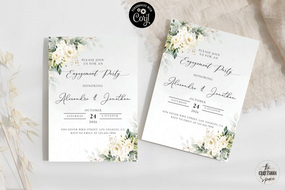 White roses Engagement Party Invitation, Engagement party Invite, We are engaged Invitation, Editable, Corjl, Eucalyptus, cream roses, WR3
