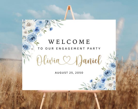 Blue Floral Engagement Party Welcome Sign, Ivory Flowers, Boho Engaged Poster (Digital Printable)