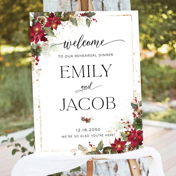 Red Poinsettia Rehearsal Dinner Welcome Sign, Winter Floral (Printed or Digital File)