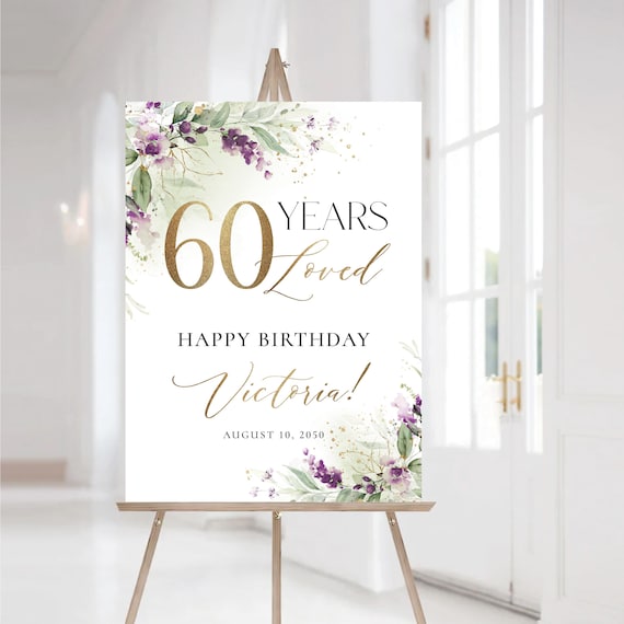 Greenery Purple 60 Years Loved Welcome Sign, Happy Birthday Welcome Sign, 50th Birthday Sign, Happy Birthday Decorations, Eucalyptus, GPU