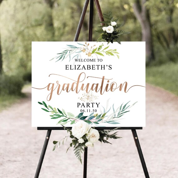 Greenery Graduation Party Welcome Sign, Rustic Graduation Poster, Gold Glitter, Graduation Decoration, Grad Party Poster, Eucalyptus, Herbal