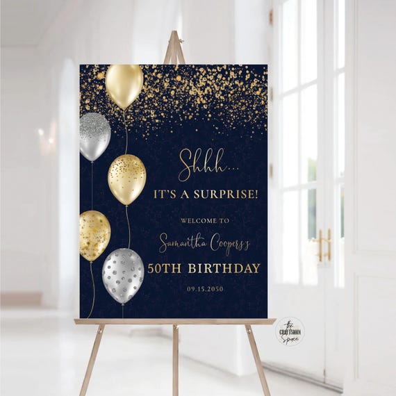 50th Birthday Welcome Sign, 60th Birthday Party Sign, 70th Birthday Celebration Sign, Balloons Birthday Sign, Navy and Gold Birthday Sign