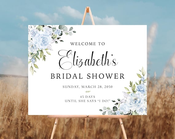 PRINTED OR DIGITAL Floral Light Blue Bridal Shower Welcome Sign, Boho Bridal Shower Poster, Foam Board, Large Rustic Wedding Sign Printable