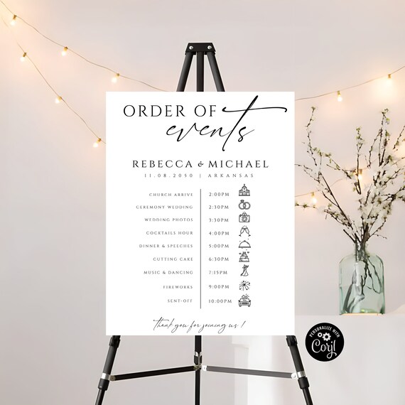 Minimalist Order of Events Sign Template, Modern Wedding Timeline, Timeline Wedding Sign, Wedding Elegant Itinerary Sign, Editable, Corjl