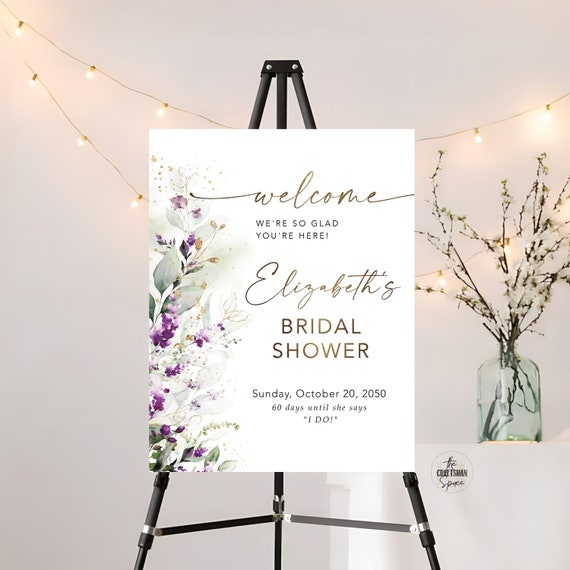 Greenery Purple Bridal Shower Welcome Sign, Lavender Bridal Brunch Sign, Green Lavender Wedding Shower Sign, Lilac Lavender floral, Gold,GPU