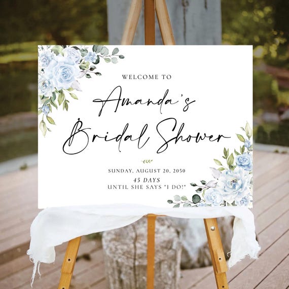 PRINTED OR DIGITAL Elegant Light Blue Bridal Shower Welcome Poster, Foam Board, Rustic Botanical Bridal Shower Sign, Modern Wedding Signage