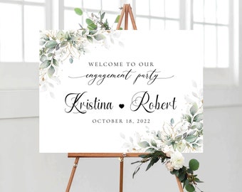 Letrero de bienvenida para fiesta de compromiso con vegetación: Decoración de eucalipto para bodas (archivo digital)