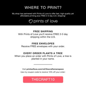 May include: A pink and white graphic with the text "WHERE TO PRINT?" and "prints of love". The graphic also includes information about free shipping, free envelopes, and a tree planting program.