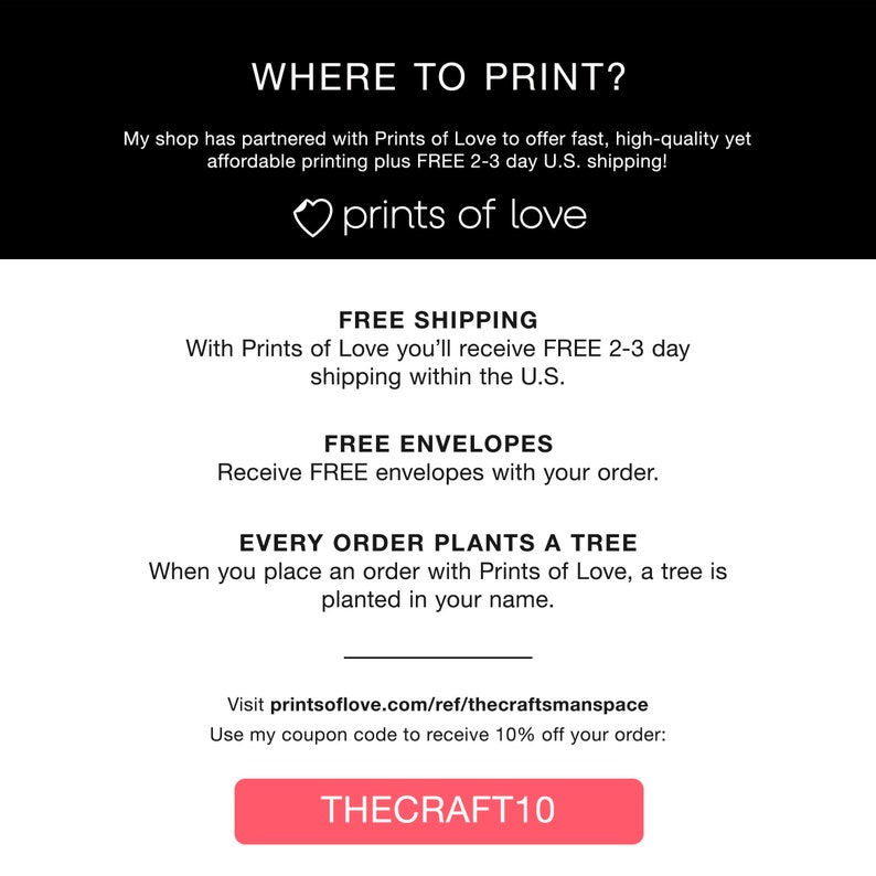 May include: A pink and white graphic with the text "WHERE TO PRINT?" and "prints of love". The graphic also includes information about free shipping, free envelopes, and a tree planting program.