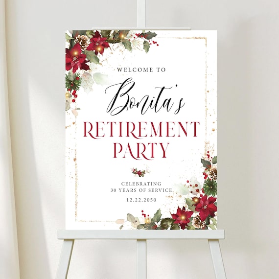 Red Floral Retirement Party Welcome Sign, Poinsettia and Hollu Berries (Digital Printable)