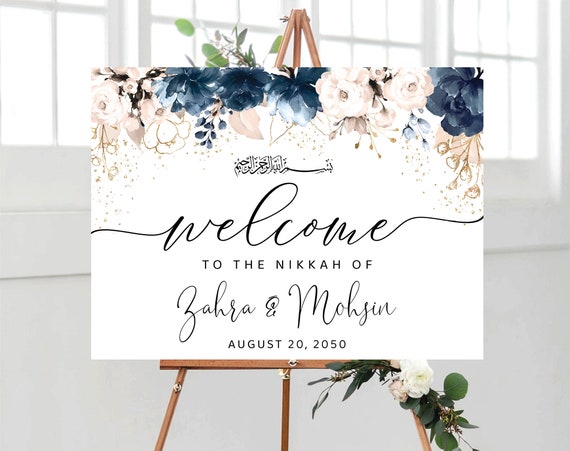 Navy Blue and Dusty Rose Nikkah Wedding Welcome sign, Nikkah Ceremony Decorations, Islamic marriage ceremony, Nikkah Ceremony Decor, NB2