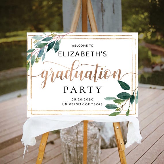 Greenery Graduation Party Welcome Sign, Rustic Graduation Poster, Gold Glitter, Graduation Decoration, Grad Party Poster, Eucalyptus, Herbal