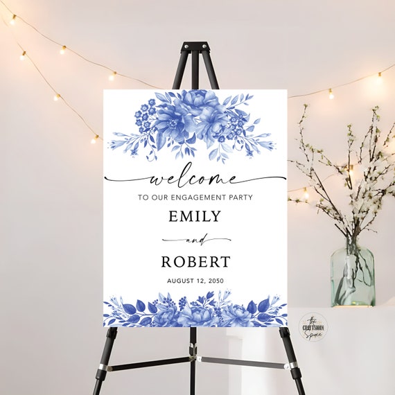 Blue Porcelain Engagement Party Welcome Sign Template, Floral Chinoiserie We are Engaged Sign, Engagement Decor, Watercolor Flower, BP3