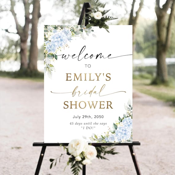 Blue Hydrangea Bridal Shower Welcome Sign, Greenery, Botanical Wedding Poster (Printed or Digital File)