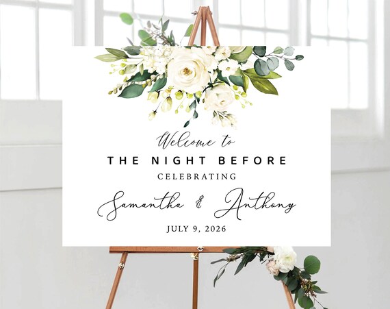 White Roses Rehearsal Dinner welcome sign, Wedding rehearsal Sign, Wedding Rehearsal Decoration, Cream Roses, Greenery, WR1