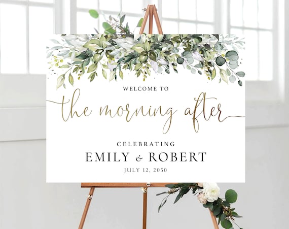 Greenery Welcome to the Morning After Sign, Modern Wedding Sign, Wedding Brunch Sign, Elegant Wedding Sign, Eucalyptus, Poster, Herbal, HB1