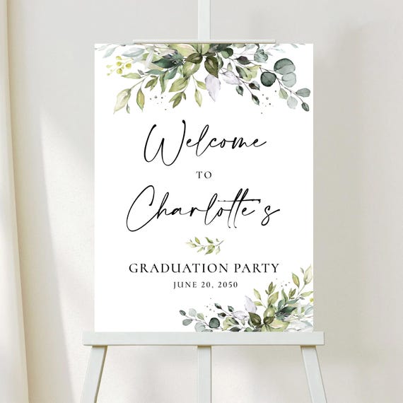 PRINTED OR DIGITAL Greenery Graduation Party Welcome Sign, Grad Party Foam Board or Poster, Faux Gold, Eucalyptus, Grad Decor, Herbal, HB2