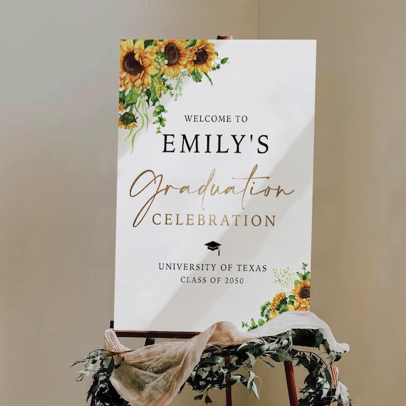 Sunflower Graduation Party Welcome Sign, Sunflower Graduation Decor, Greenery Grad Party Sign, Modern Grad Sign, Eucalyptus, Bohemian, SF1