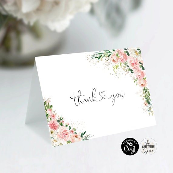 Ethereal Blush Wedding Thank you Card, Folded Thank you Card, 100% Editable, Digital File, Corjl, Blush pink roses, EB1