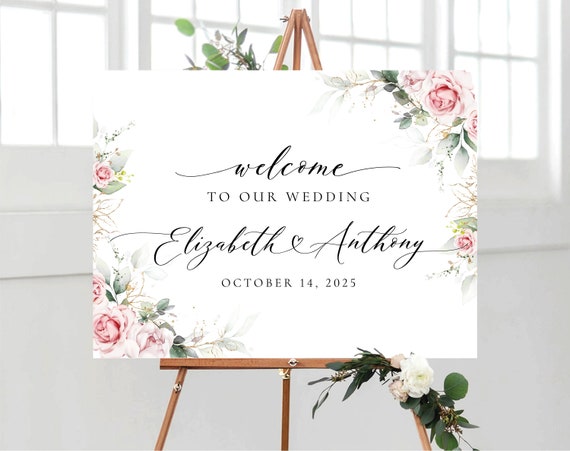 Blush pink Greenery Wedding Welcome Sign, Botanicals Wedding Rehearsal Decoration, Rustic Wedding poster, Modern Wedding, Eucalyptus, Herbal