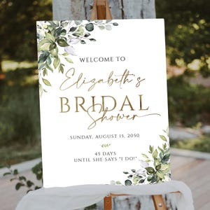 PRINTED OR DIGITAL Green Leaves Bridal Shower Welcome Sign, Foam Board Poster, Faux Gold, Boho Wedding Sign, Rustic Bridal Shower Decoration