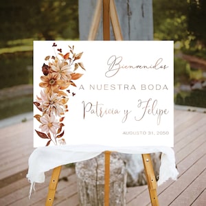 Herfst herfst Bienvenidos Sign a Nuestra Boda, Cartel Bienvenidos Boda, bruiloftsdecor, rustiek trouwbord, droge bladeren bruiloft, boho, AG1