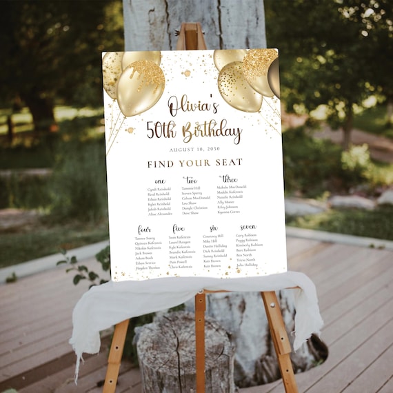 50th Birthday Seating Chart Welcome Sign, Gold Foil Party Seating Sign, Modern 50th Birthday Decorations,50th Birthday Find your Seat Sign