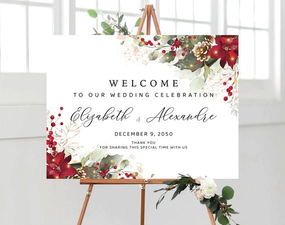 Christmas Wedding Welcome Sign Printable, Christmas Wedding Sign, Holiday Welcome Sign, Wedding welcome Sign, Poinsettia and Lights, CRM2
