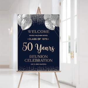 Navy Class Reunion Welcome Sign, Printable 50 year High School Reunion, Siver Balloons and Confetti, Any class any year Reunion Welcome Sign