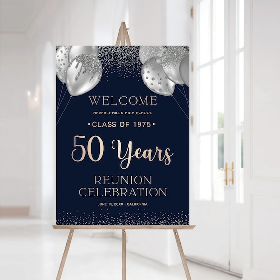 Navy Class Reunion Welcome Sign, Printable 50 year High School Reunion, Siver Balloons and Confetti, Any class any year Reunion Welcome Sign