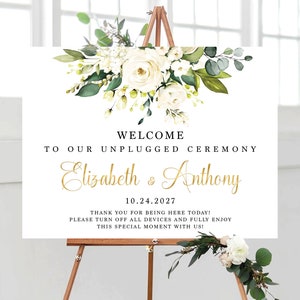 白いバラのアンプラグド式典サイン、式典、結婚式のウェルカムサイン、アンプラグド結婚式のサイン、結婚披露宴、クリーム色のバラ、WR1