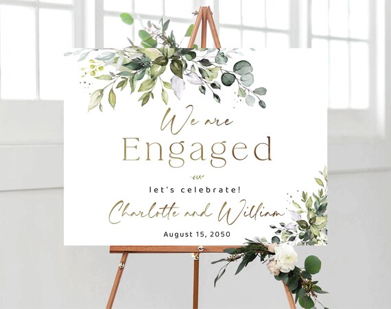 Watercolor Greenery Engagement Party Welcome Sign, Botanicals Wedding Rehearsal Decorations, Minimalist We are Engaged Sign, Eucalyptus, HB2