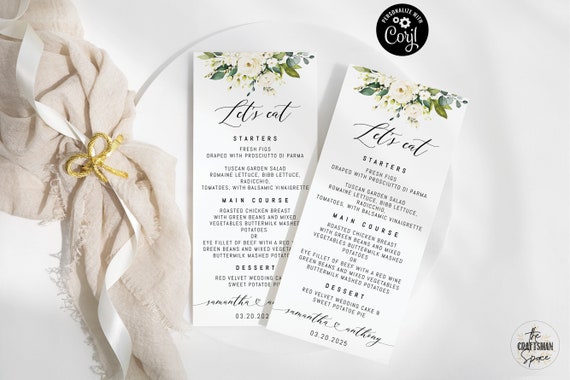 White roses wedding Menu Template, Modern Wedding Menu, Minimal Wedding, Wedding Table Decor, Editable, Corjl, cream roses, WR1