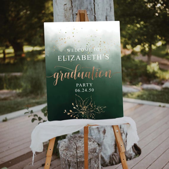 Custom Graduation Party Welcome Sign, Botanical Welcome, Grad Party Sign, Graduation Decorations, Editable, Graduation Sign, Green Sign 01