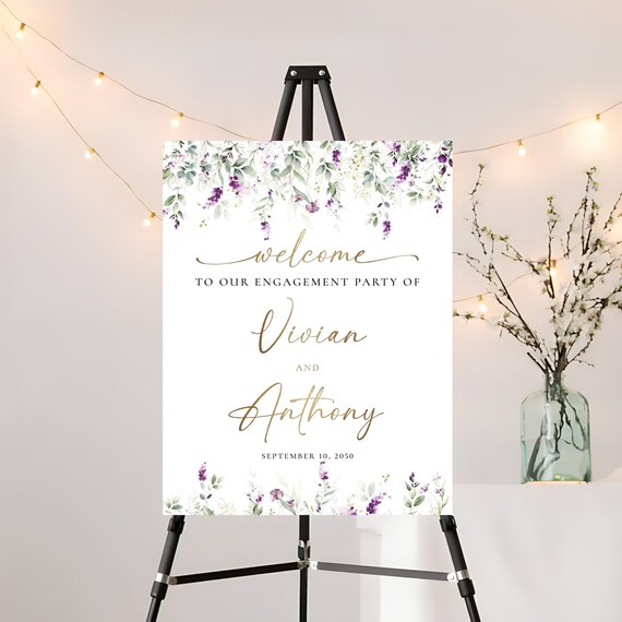 Greenery Purple Engagement Party Welcome Sign, Lilac Engagement Party Sign, Green Lavender Engagement Party Decor, We are engaged Sign, GPU
