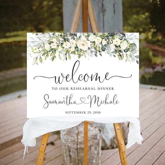 White roses Greenery Rehearsal Dinner Welcome Sign, Botanicals Wedding Decorations, Modern The Night before sign, Eucalyptus, Herbal, HB6