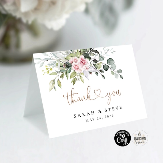 Greenery Wedding Thank you Card, Folded Thank you Card, 100% Editable, Digital File, Corjl, Blush pink roses, Eucalyptus