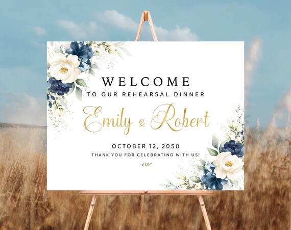 Navy Blue and White Floral The night before Welcome Sign, Rehearsal Dinner Sign, One Day Away Sign, Decorations, Eucalyptus, Printable, NW1